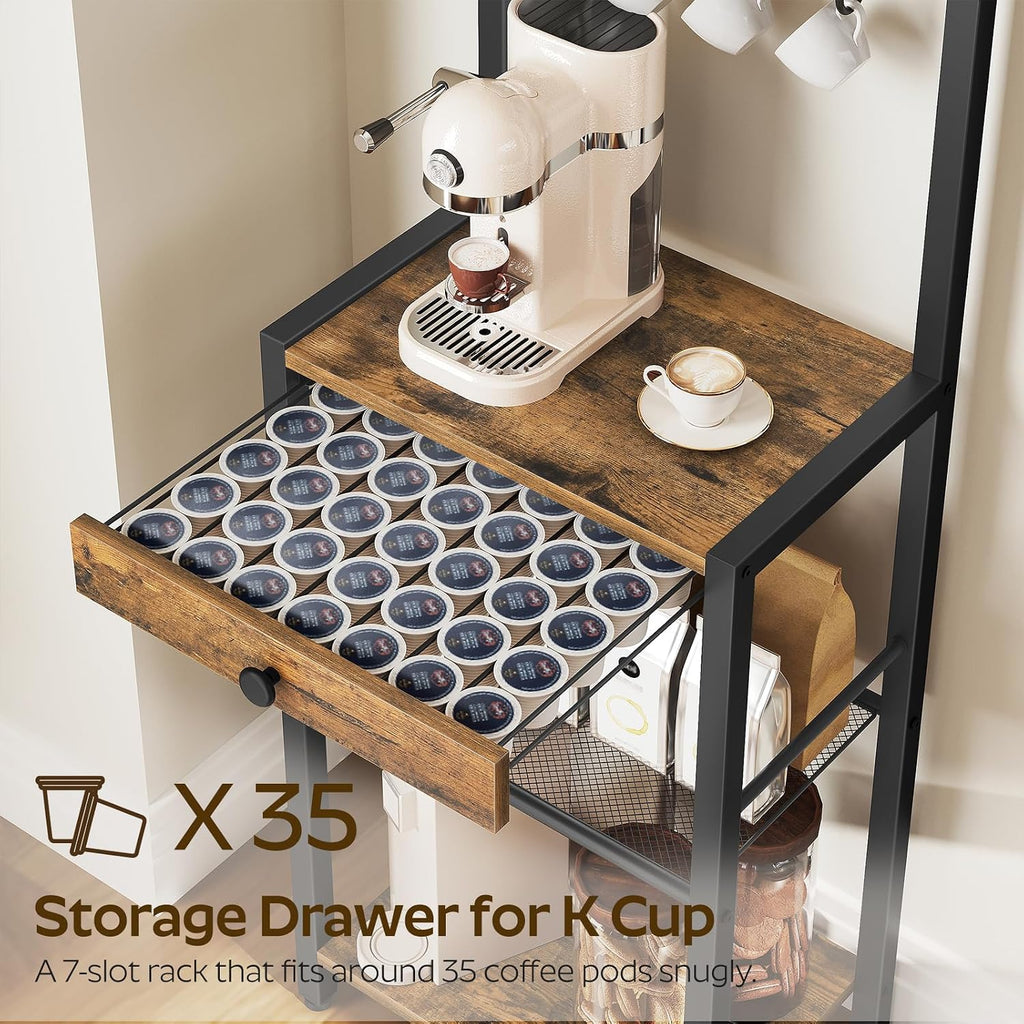 YATINEY Bakers Rack, 5-Tier Coffee Bar Station, Coffee Stand with Pod Drawer Holder, Versatile Kitchen Storage Rack with 4 Hooks, for Living Room, Cafe Corner, Rustic Brown and Black KF01BRY1