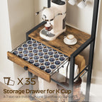YATINEY Bakers Rack, 5-Tier Coffee Bar Station, Coffee Stand with Pod Drawer Holder, Versatile Kitchen Storage Rack with 4 Hooks, for Living Room, Cafe Corner, Rustic Brown and Black KF01BRY1