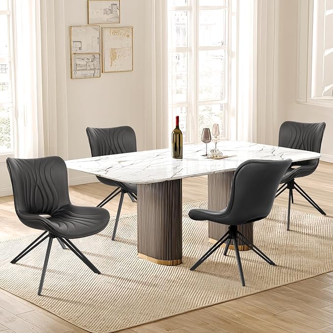 Dining Chairs Set of 4, 360° Swivel Upholstered Mid-Century Modern Kitchen Dining Room Chairs, Armless Faux Leather Accent Side Chair with Padded Back, Metal Leg, Black