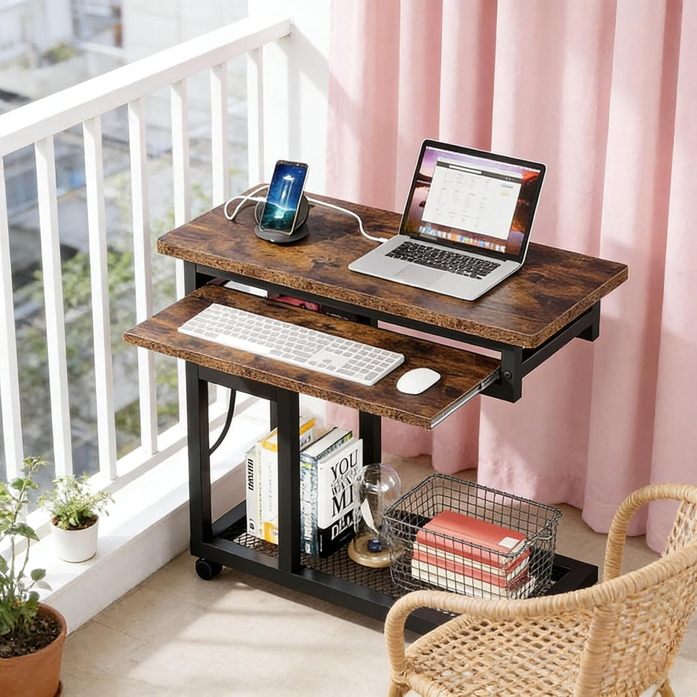 Side Table with Wheels, Mobile C Table,Narrow Desk,Convenient Charging Station