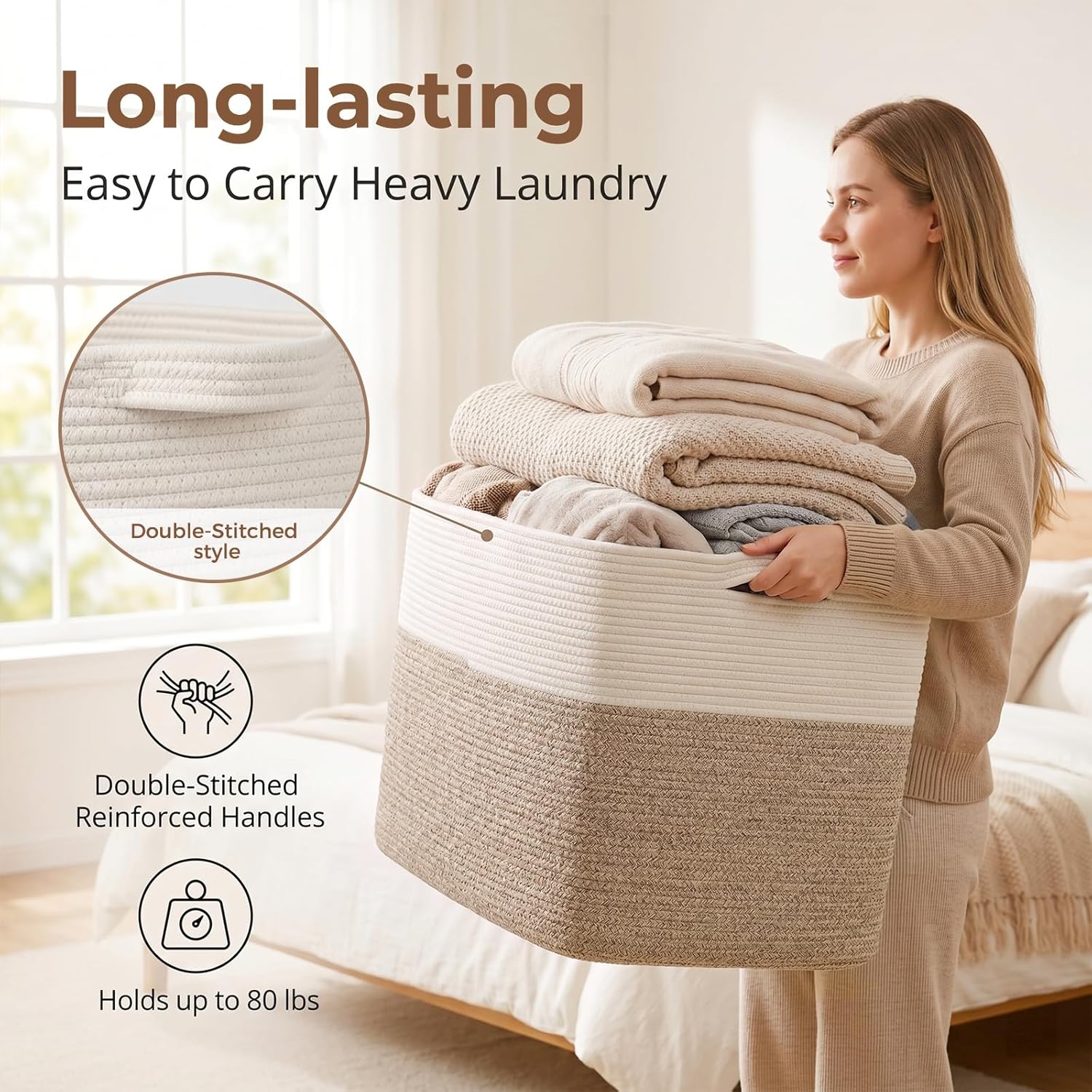 OIASKET 108L Cotton Rope Storage Basket for Living Room and Bedroom 25"x16"x16" Woven Laundry Basket, Heavy Duty Bin for Blankets, Pillows & Toys, Pet-Safe & Scratch-Free, Brown and White
