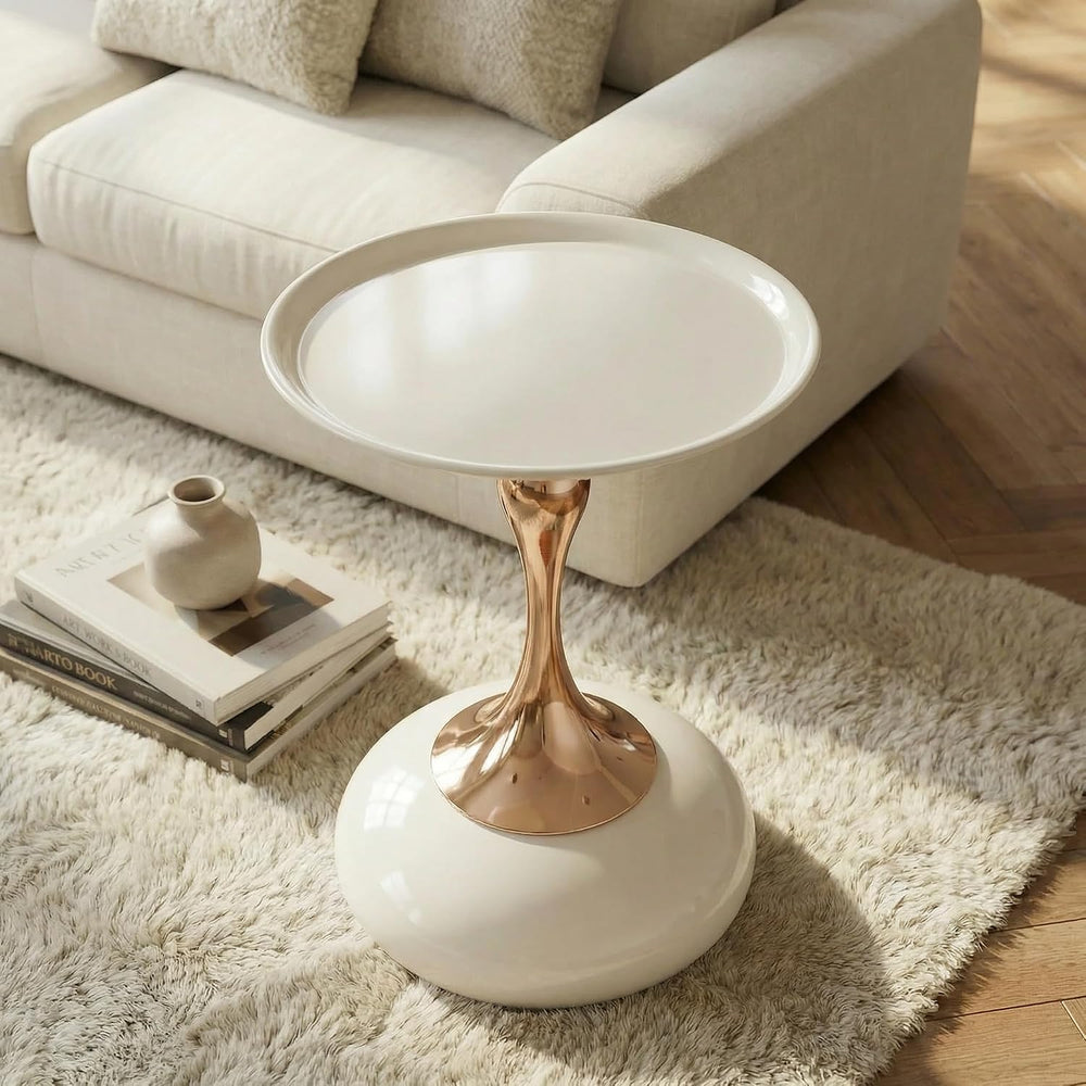 Round Side Table, White and Rose Gold, Cocktail End Table for Living Room, 14...