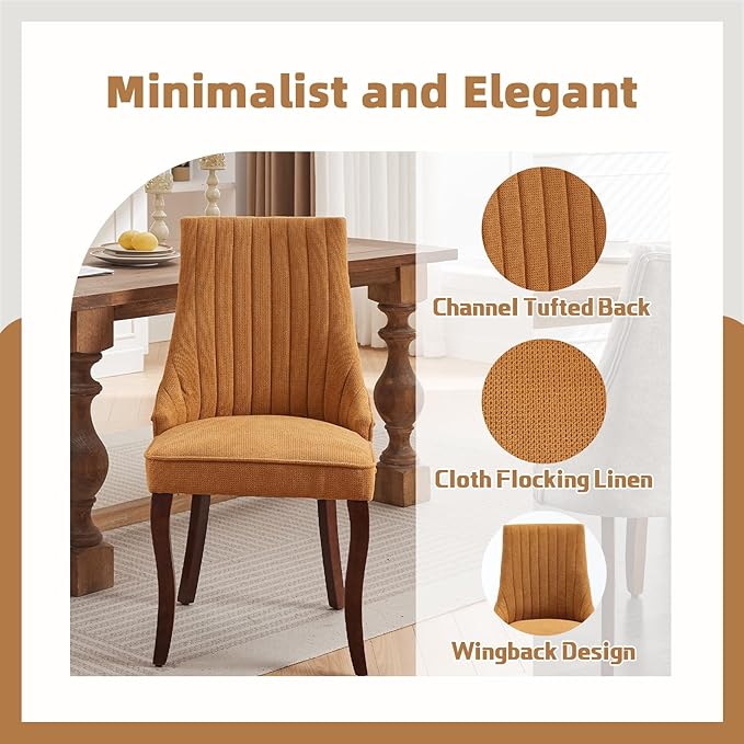 Dining Chairs Set of 2，Linen Channel Tufted Kitchen Dining Room Chair with Curved Solid Wood Legs, Comfortable Fabric Upholstered Dining Chair for Dining Room, (Gold, 2pc)