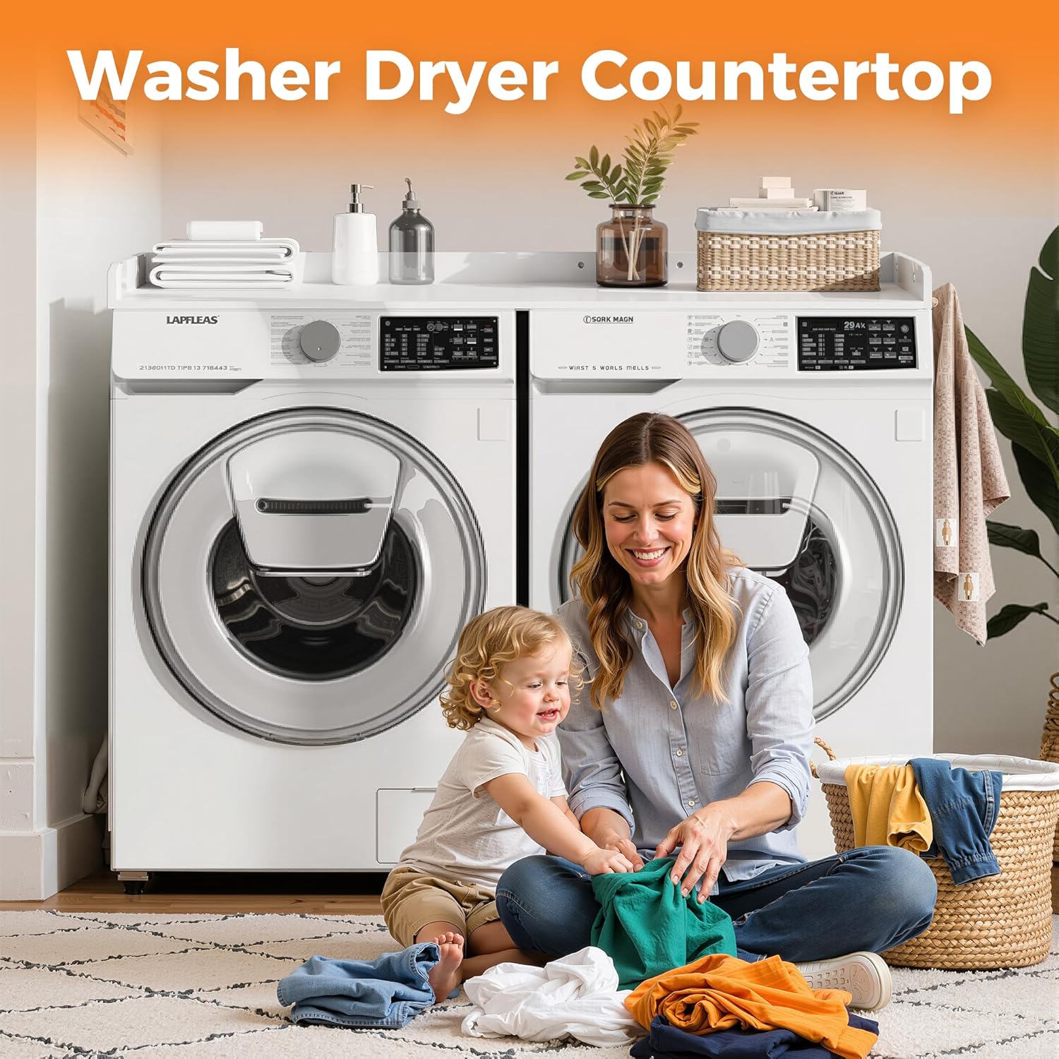 Washer Dryer Countertop, Wood Countertop with Edge Rails for Laundry Room Organization and Storage, Washer Dryer Topper for Laundry Room, 27.5" x 54" (White)