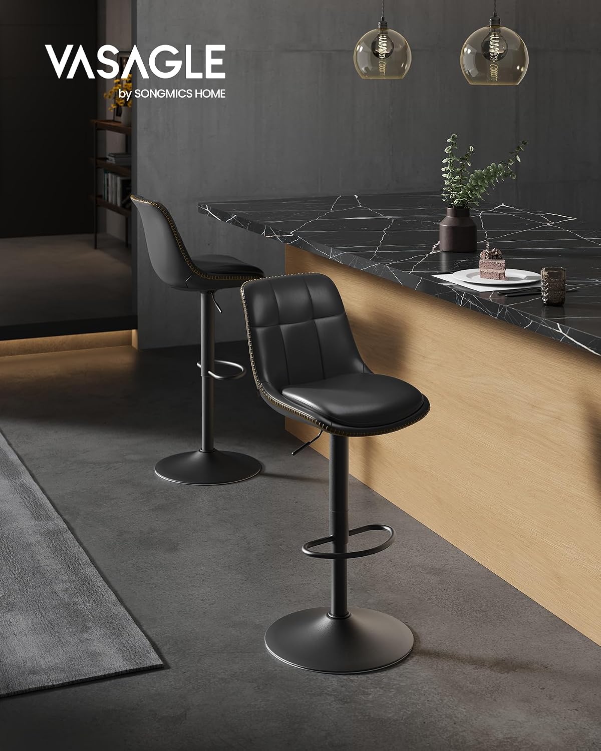 VASAGLE Bar Stools, Set of 4 Swivel Bar Chairs, Adjustable Height, Quilt, Synthetic Leather Kitchen Stools with Back and Footrest, Dining Room, Counter, Steel, Ink Black ULJB095BH01-2J