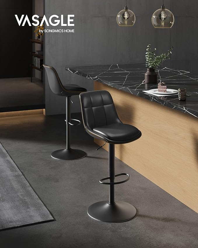 VASAGLE Bar Stools, Set of 2 Swivel Bar Chairs, Adjustable Height, Quilt, Syn...