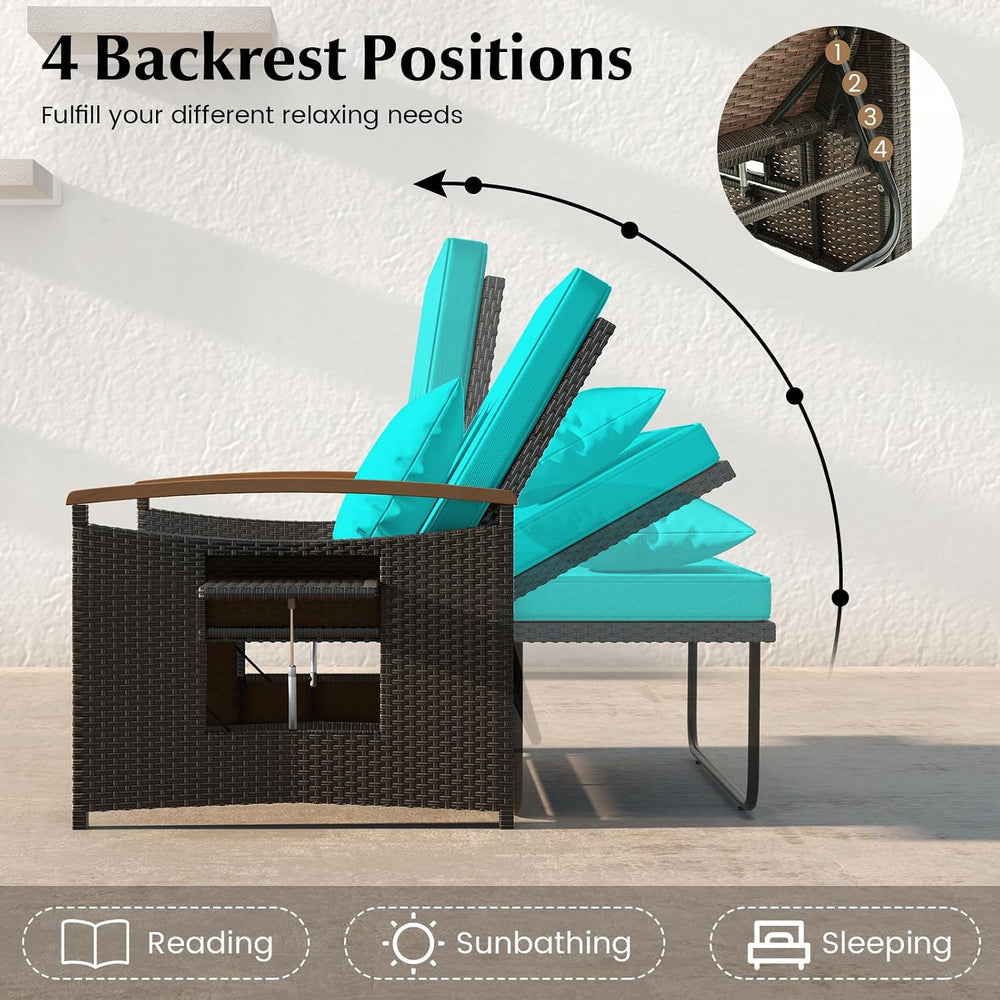 Moccha Outdoor Wicker Daybed, Patio Rattan Loveseat Sofa w/ 4-Level Adjustabl...