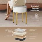 Memobarco 18-Inch Leather Vanity Stool Chair with Storage, Vanity Bench with 4 Golden Metal Legs & Anti-Slip Adjustable Feet,Round Storage Ottoman Stool with Removable Soft Padded Seat, White