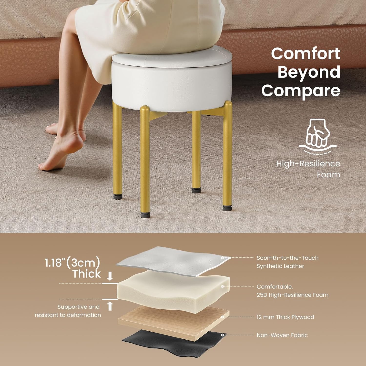 Memobarco 18-Inch Leather Vanity Stool Chair with Storage, Vanity Bench with 4 Golden Metal Legs & Anti-Slip Adjustable Feet,Round Storage Ottoman Stool with Removable Soft Padded Seat, White