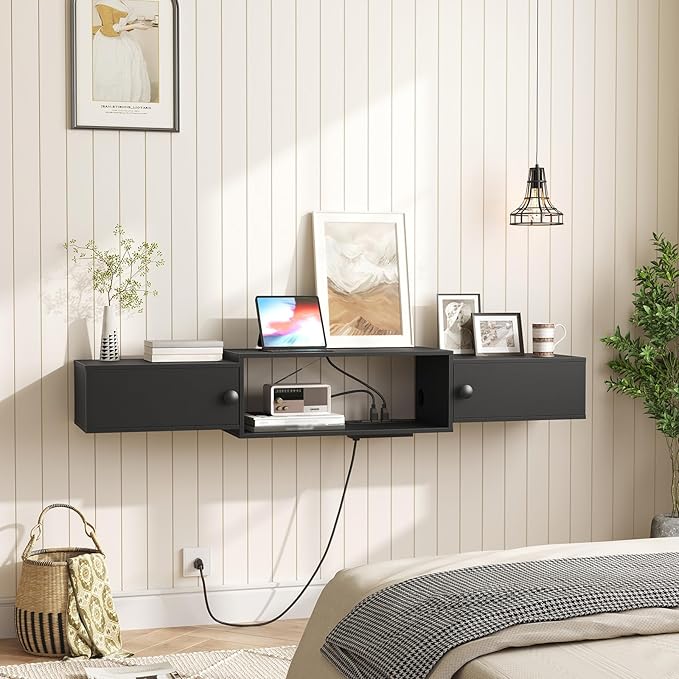 HOOBRO 55" Floating TV Stand with Power Outlets, Modern Wall Mounted Med...
