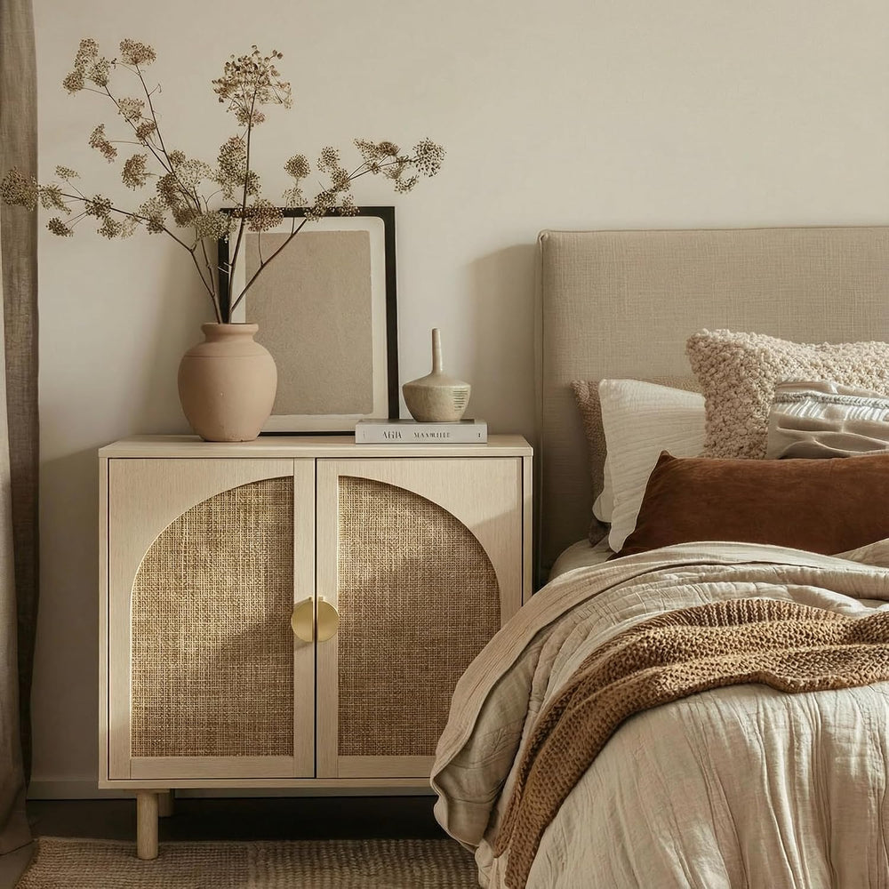 Rattan Cabinet, Storage Sideboard with 2 Doors, Beige Boho Buffet with Adjust...