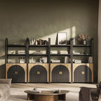 BELLEZE Book Shelf 72" Tall Arched Bookcase with Storage, 5 Tier Mid Century Modern Fluted Bookshelf with Doors, Modular Bookshelves for Living Room Office Library (Camel)