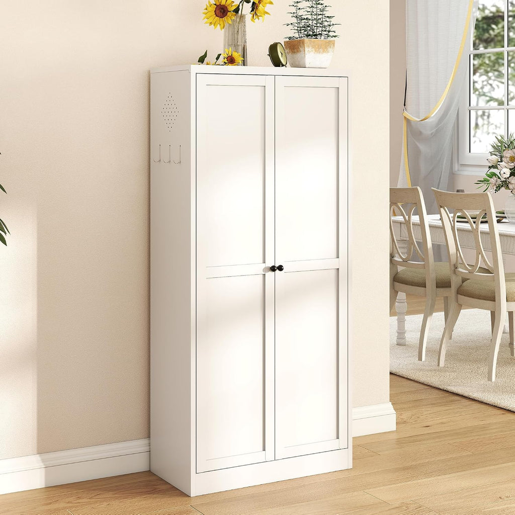 Modern 61" White Metal Kitchen Pantry Cabinet with Adjustable Storage, 4 Durable Shelves - Heavy Duty Organizer for Kitchen, Pantry & Living Room!