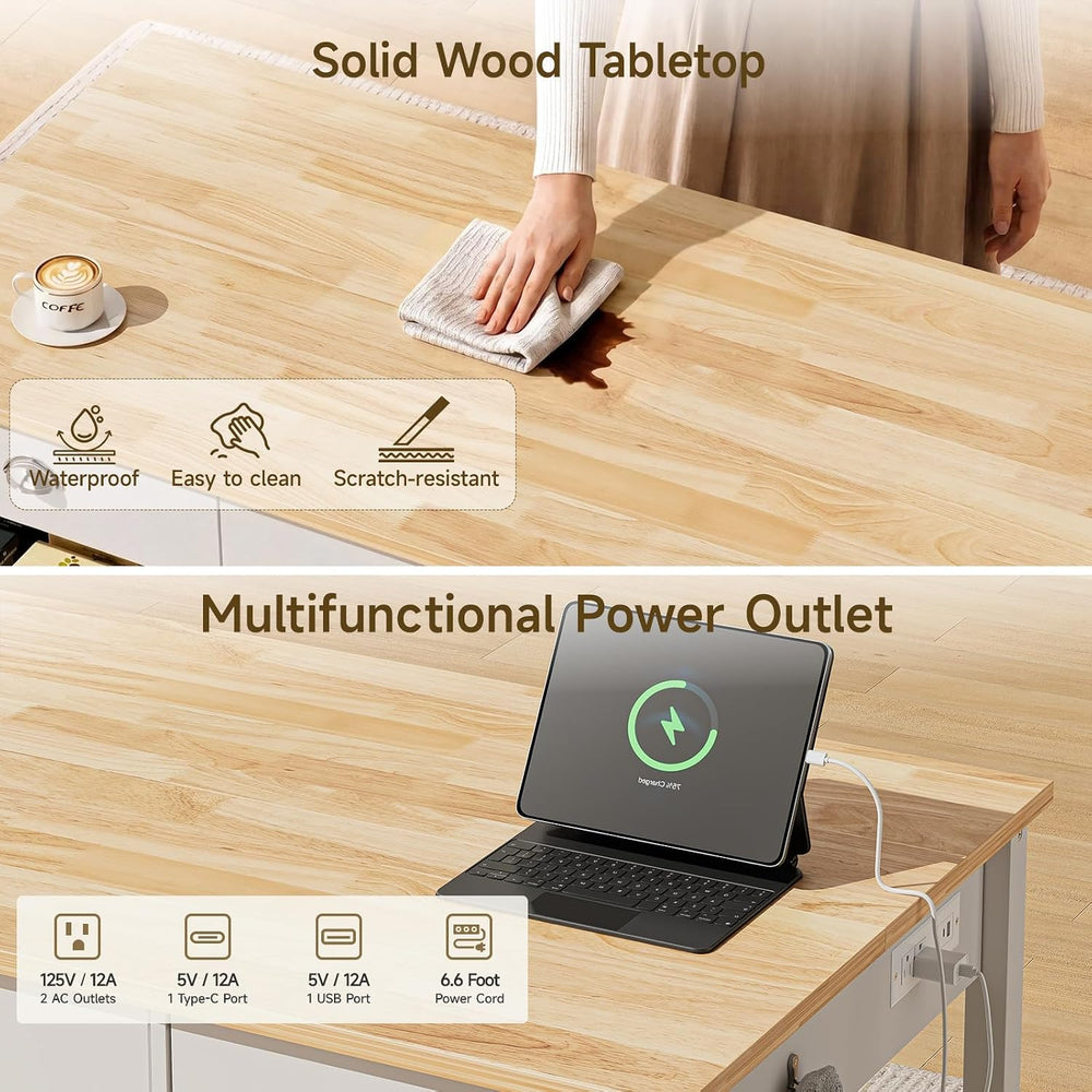 ONBRILL 59" Kitchen Island with Storage, Solid Rubberwood Tabletop | Isl...