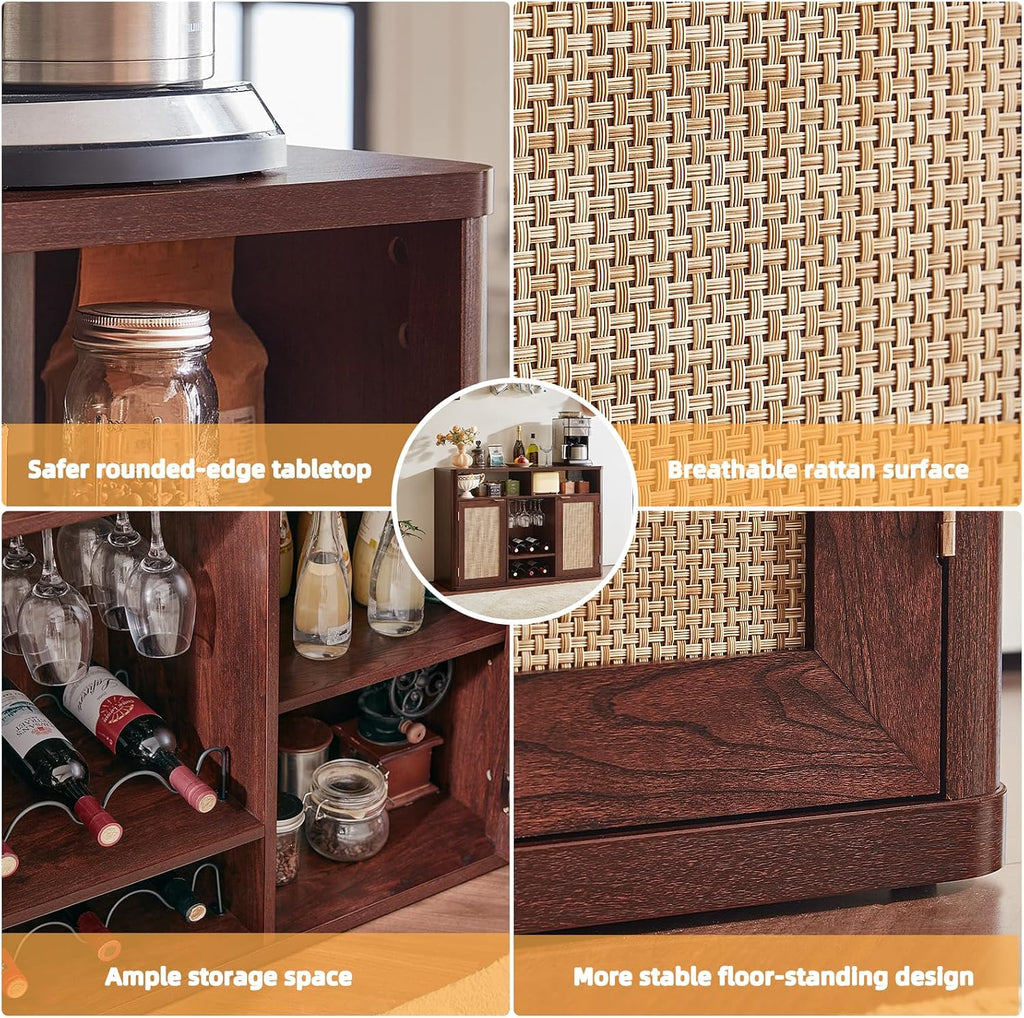 Lerliuo Rattan Wine Bar Cabinet with 2 Doors, Walnut | Boho Liquor Cabinet with Wine Racks & 2 Open Shelves & Rounded Corners for Living Room, Dining Room, Kitchen