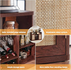 Lerliuo Rattan Wine Bar Cabinet with 2 Doors, Walnut | Boho Liquor Cabinet with Wine Racks & 2 Open Shelves & Rounded Corners for Living Room, Dining Room, Kitchen