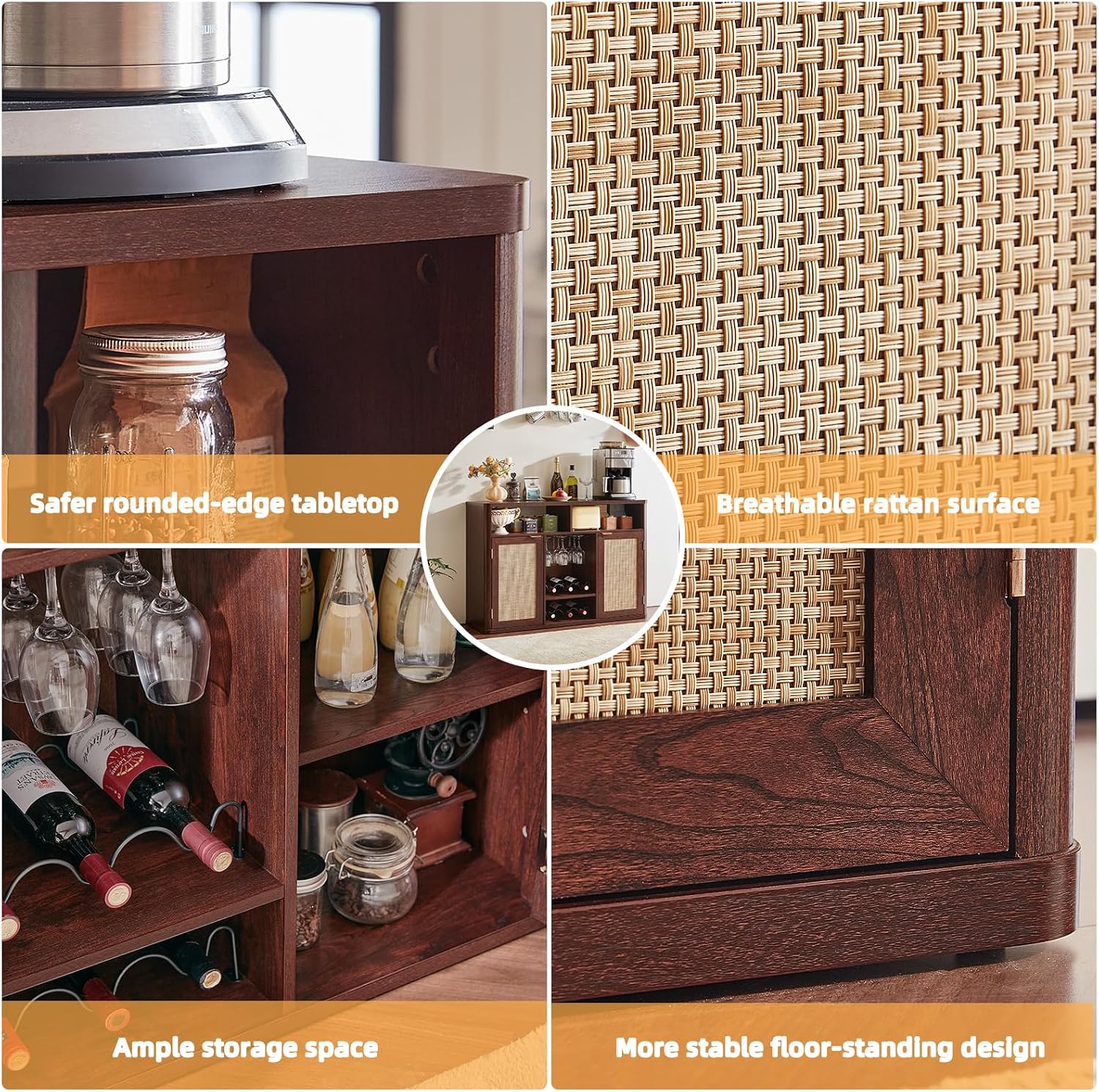 Lerliuo Rattan Wine Bar Cabinet with 2 Doors, Walnut | Boho Liquor Cabinet with Wine Racks & 2 Open Shelves & Rounded Corners for Living Room, Dining Room, Kitchen