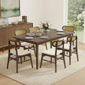 Wooden Dining Chairs Set of 6, Upholstered Modern Dining Room Chairs, Mid Century Oak Wood Kitchen Chairs with Rattan Backrest for Farmhouse, Kitchen, Restaurant (Cream Fabric & Walnut Color)