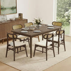 Wooden Dining Chairs Set of 6, Upholstered Modern Dining Room Chairs, Mid Century Oak Wood Kitchen Chairs with Rattan Backrest for Farmhouse, Kitchen, Restaurant (Cream Fabric & Walnut Color)