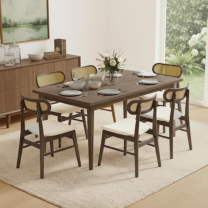 Wooden Dining Chairs Set of 6, Upholstered Modern Dining Room Chairs, Mid Century Oak Wood Kitchen Chairs with Rattan Backrest for Farmhouse, Kitchen, Restaurant (Cream Fabric & Walnut Color)
