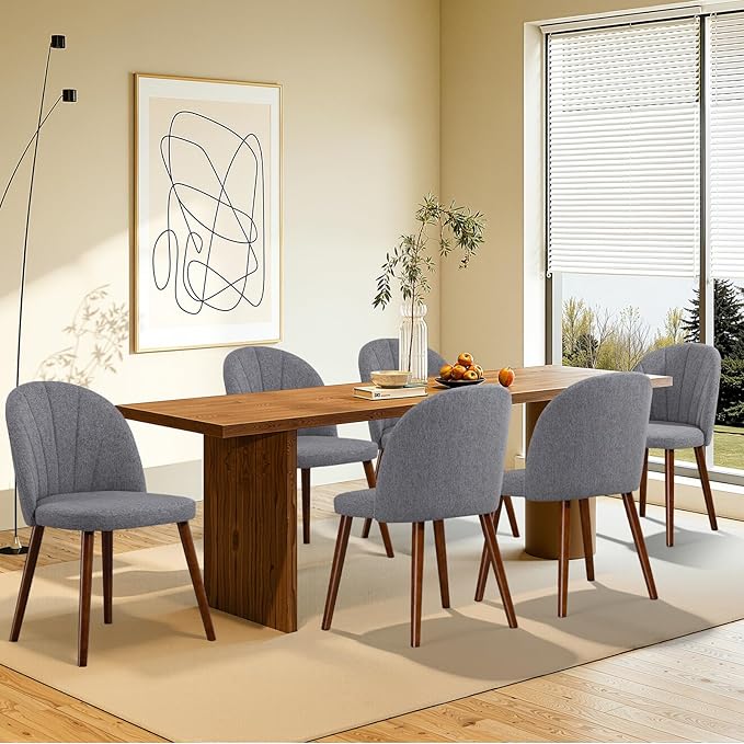 Fabric Dining Chairs Set of 2, Upholstered Mid Century Modern Dining Chairs, Armless Accent Chair with Walnut Wood Legs for Kitchen, Living Room, Dining Room, Grey