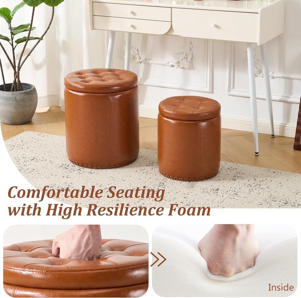 Royal Windsor Round Ottoman with Storage Set of 2, Faux Leather Button Tufted...