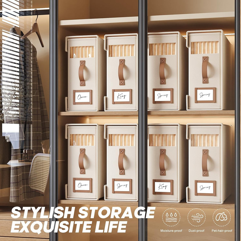 6 Pack Bed Sheet Organizers And Storage(Cal King Size) With Leather Handles,Foldable Linen Closet Organizer With Clear Window,Bedding Storage Box For Blanket,Sheets,Duvet Cover-Beige