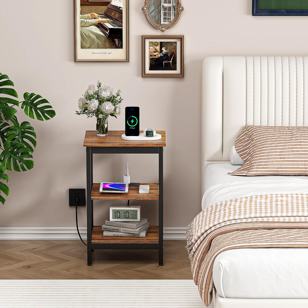 VECELO End Table with Charging Station and USB Ports, Small Wood Nightstand M...