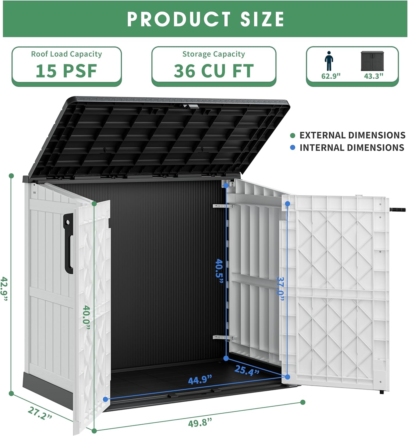 36 Cu Ft Resin Outdoor Storage Shed, Weatherproof Horizontal Outdoor Storage Cabinet with Dual Lock Door for Backyard, Patio, Garage, Garden(White)