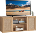 LEYAOYAO Rattan TV Stands for Living Room, Boho TV Cabinet with Storage and Open Shelf, Rustic Wood Entertainment Center, Media Console for 50-65 Inch TV, Natural Wood