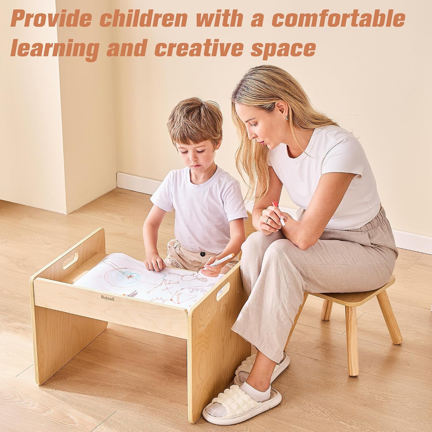 Bateso Montessori Weaning Table and Chair Set for Toddler 1-3, Wooden Baby Table and Chair Set for Eating, Laerning & Playing, Montessori Kids Furniture for Home or Preschool