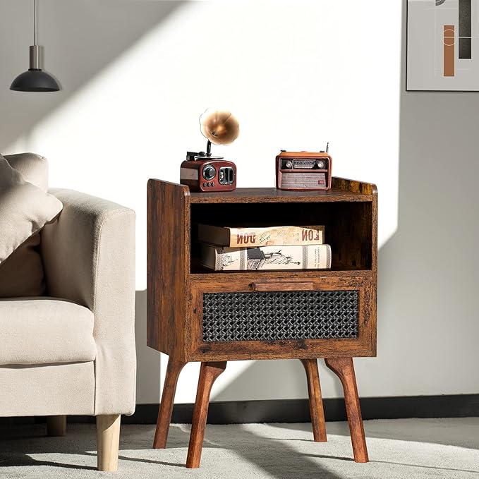 Lerliuo Rattan Nightstands Set of 2, Boho Side Table with Drawer Open Shelf, ...