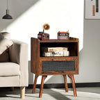Lerliuo Rattan Nightstands Set of 2, Boho Side Table with Drawer Open Shelf, Cane Accent Bedside End Table with Solid Wood Legs for Bedroom, Dorm and Small Spaces (Brown)