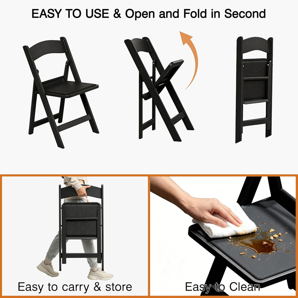 Resin Folding Chairs with Cushion for Wedding, Party, 4 Pack, 660lbs | Black ...