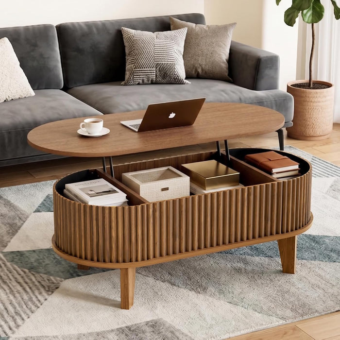 Oval Lift Top Coffee Table with Storage, 41" Wood Fluted Modern Living Room Center Table for Home Office, Walnut