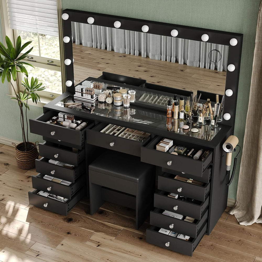 FUSOU Makeup Vanity with Power Outlet & Lighted Mirror, 13 Drawers Vanity...