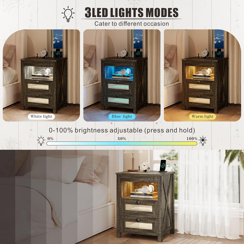 Farmhouse Night Stand with Gun Drawer, Bedside Table with Charger Station, LE...