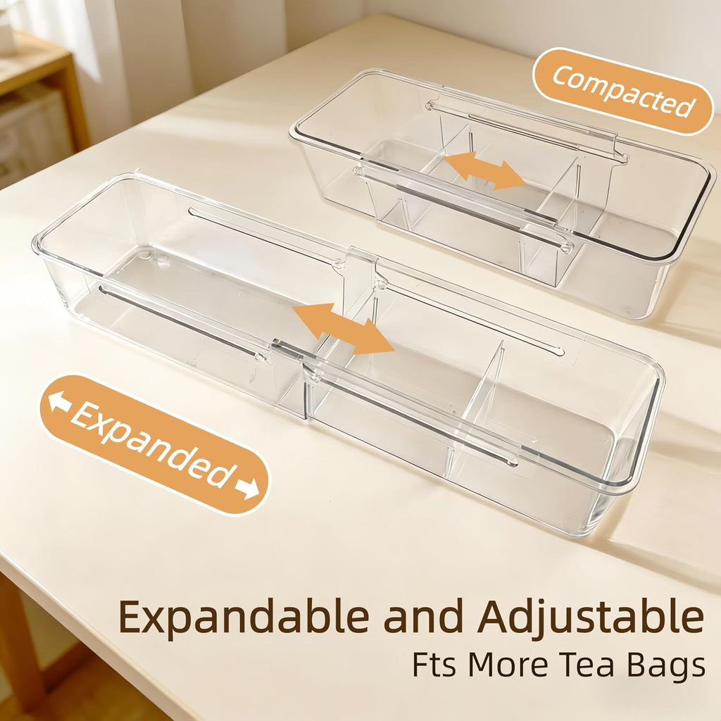 Tea Bag Holder，Expandable Tea Bag Organizer Boxes，Clear Acrylic Tea Bag Storage Bins,Kitchen Utensils for Sugar Packet, Coffee, Condiment for Drawer,Cabinet, Countertop,Pantry,1 Pack