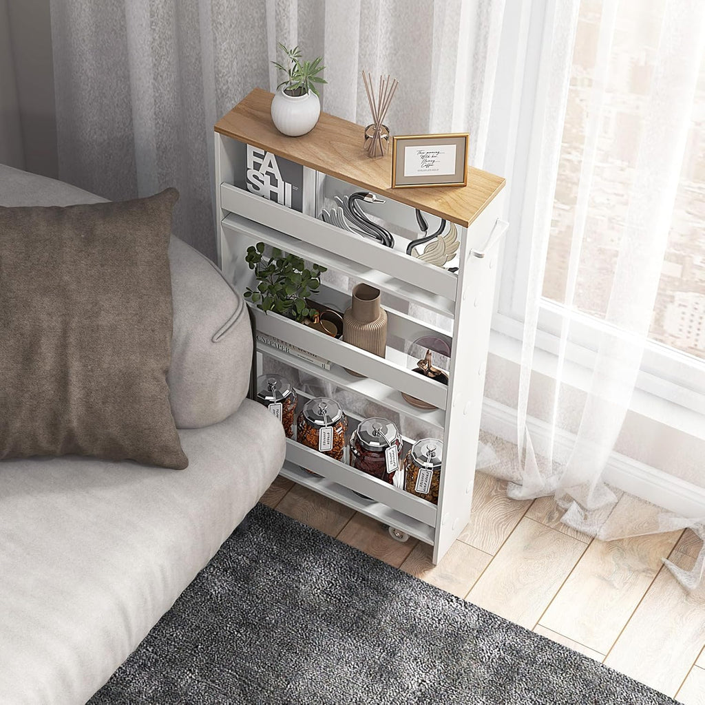 MAT EXPERT Slim Rolling Storage Cart, 4-Tier Freestanding Slim Storage Cart with Wheels 360 Degree & Metal Handle, Wooden Utility Cart for Narrow Kitchen, Laundry Room, Bathroom (White + Natural)