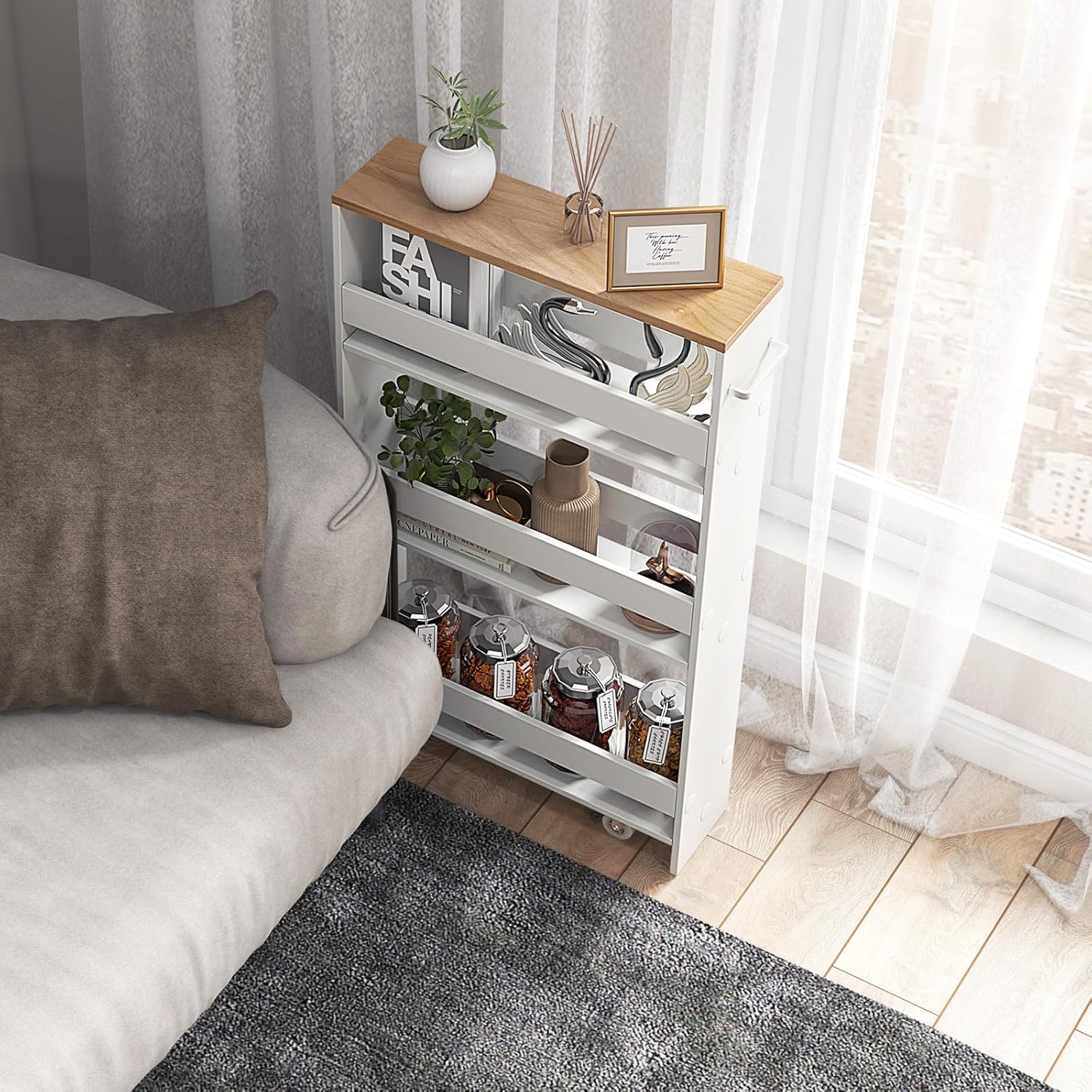 MAT EXPERT Slim Rolling Storage Cart, 4-Tier Freestanding Slim Storage Cart with Wheels 360 Degree & Metal Handle, Wooden Utility Cart for Narrow Kitchen, Laundry Room, Bathroom (White + Natural)