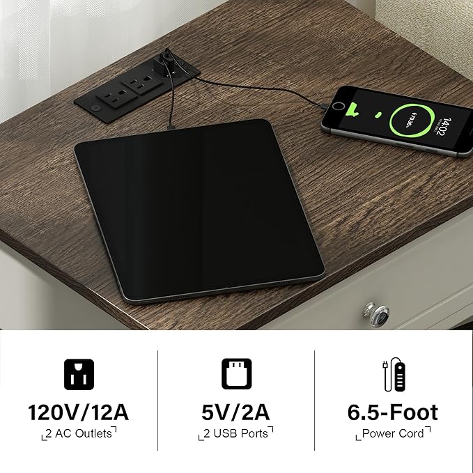 Treocho Farmhouse White with Charging Station, X-Design End Side Table with 2 AC and USB Power Outlets, Small Night Stand with Storage Drawer and Open Shelf for Bedroom,Farmhouse White