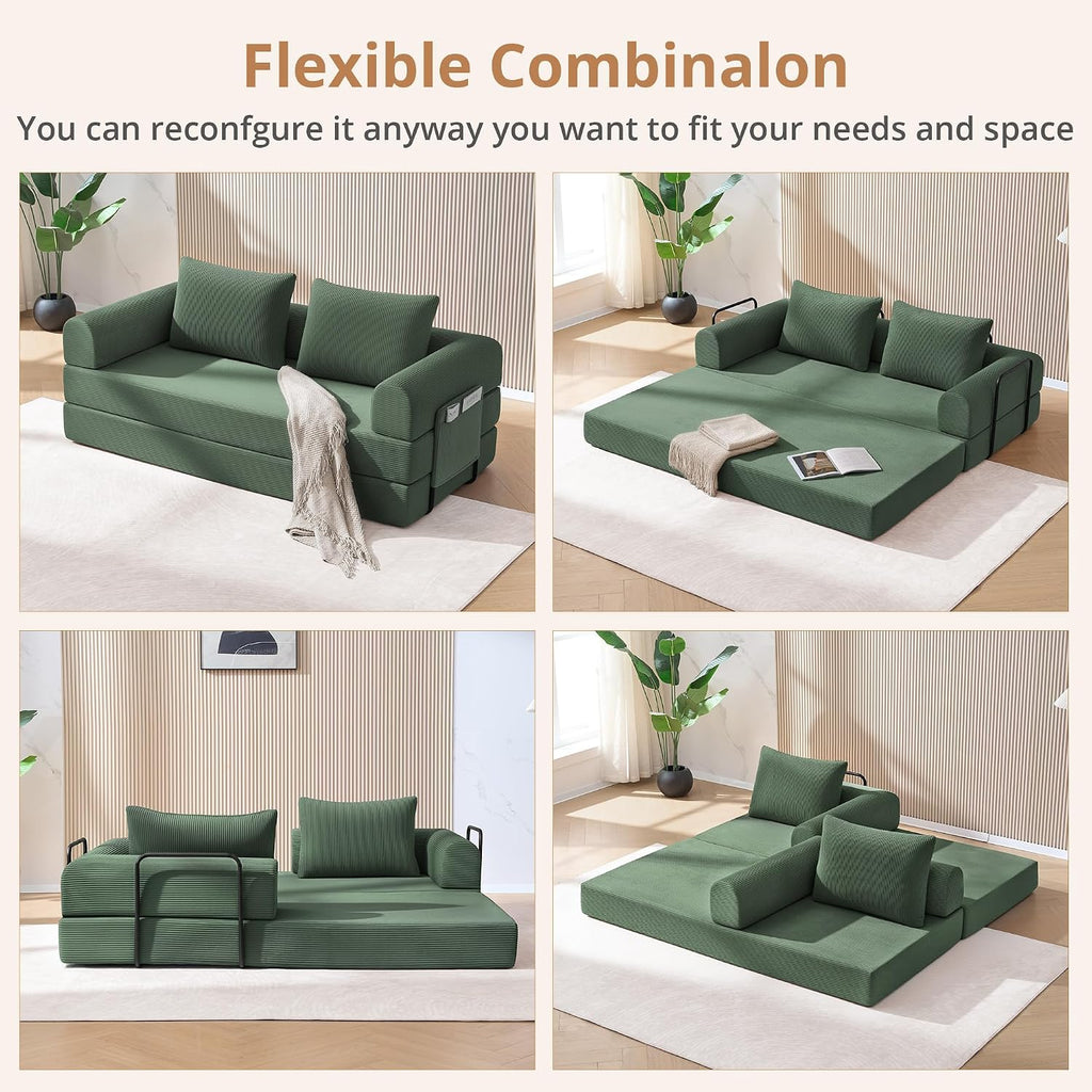 4-in-1 Boneless Folding Convertible Sofa Bed, 78 Inch Corduroy Loveseat Sleeper Couches with Pull Out Bed, Futon Couch for Living Room Bedroom, No Assembly Needed, Green