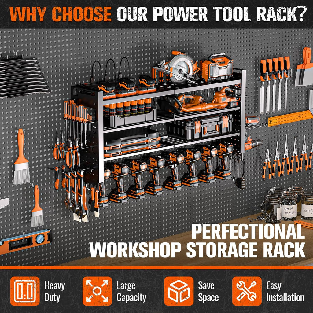 Heavy Duty Power Tool Organizer Wall Mount with Charging Station, Large Garage Organization with 10 cordless Drill Holder, 4 Layers Tool Organizers and Storage, Tool Rack with 6 Power Strip, Black