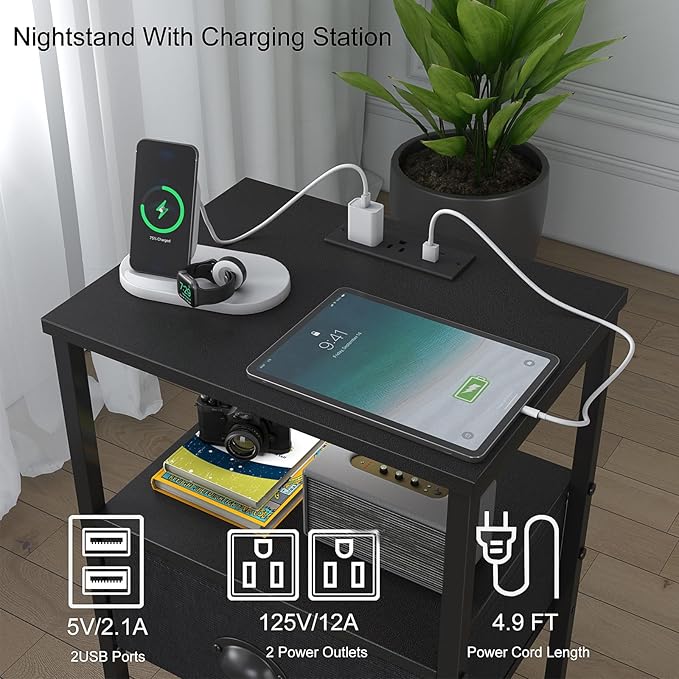 Sthmec Nightstands with Charging Station, LED Bedside Tables with Charging St...