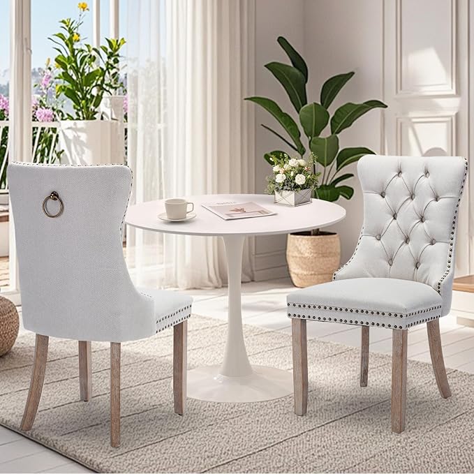 3-Pieces 31.5" Round Dining Table Set for 2, White Dining Table & Linen Upholstered Dining Chairs Set of 2 for Kitchen Dining Room Apartment Small Space(Beige Linen Chairs)