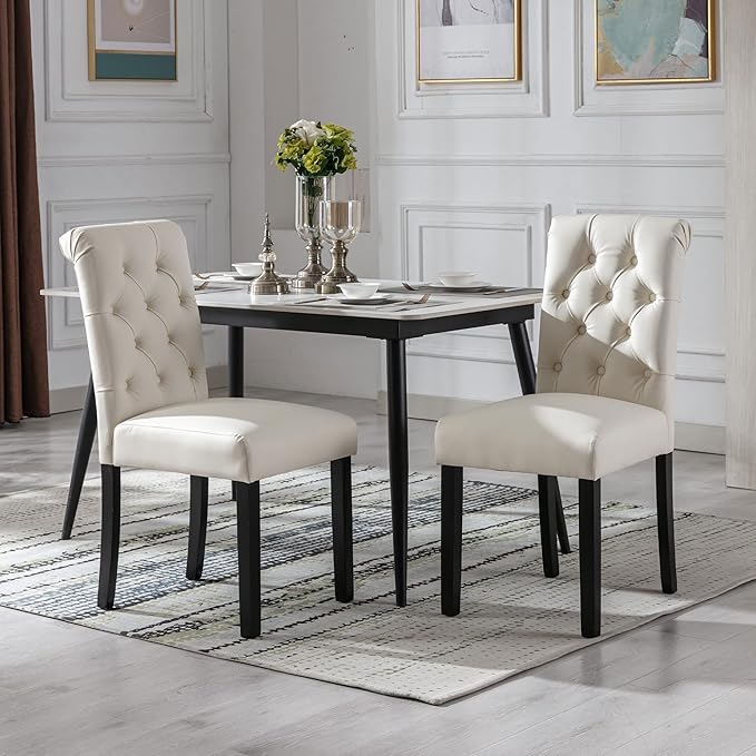 PU Leather Dining Chairs Set of 2, Farmhouse Upholstered Kitchen Chairs Moder...