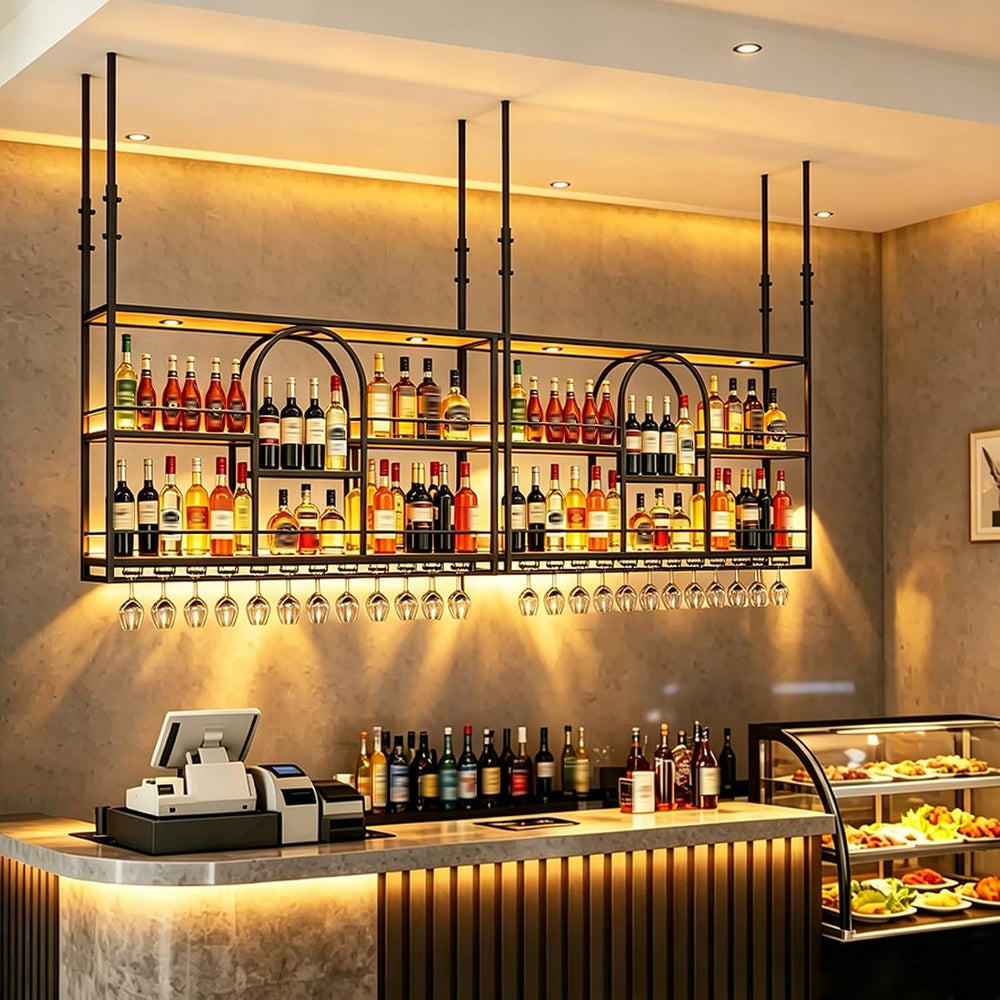 47.2in Industrial Black Metal floating Hanging Wine shelf, ceiling mounted wi...