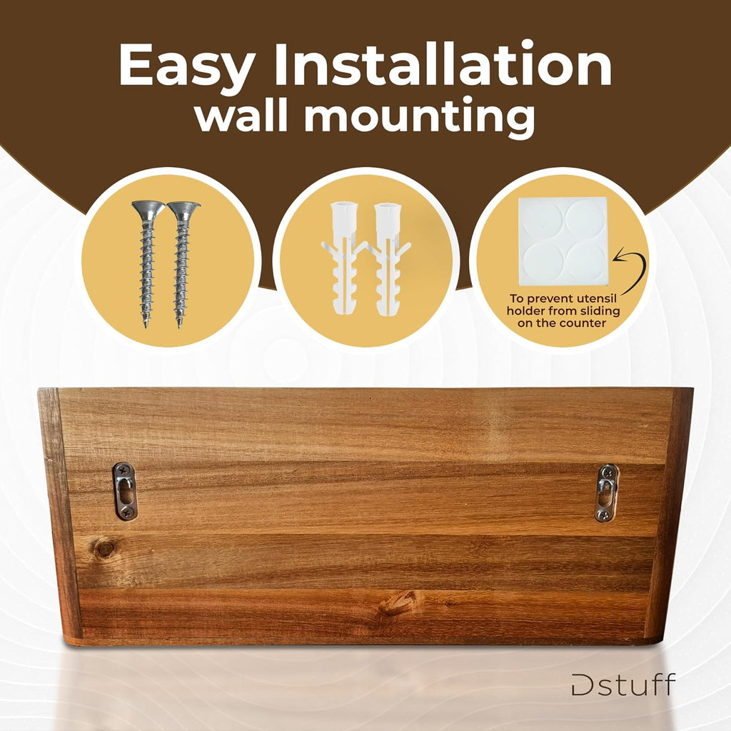 Dstuff Large Kitchen Utensil Holder Organizer for Counter or Countertop, Wooden Storage Container for Cooking and Silverware, Acacia Rustic Wood (4 Compartments)