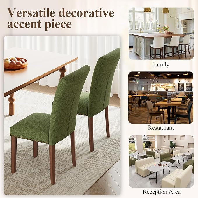 Stylish Dining Chairs Set of 4, Upholstered Parsons Dining Room Chair with Nailhead Trim, Kitchen Room Chair with Thick Cushions and Wood Legs, Nailhead Trim, Green