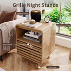 Fluted Night Stand Nightstand with Drawer Storage Grille Bed Side Table End Table Large Modern Wide Bedside Stand Tall Night Stands for Bedroom Living Room Sofa Couch Home Office, Natural Oak